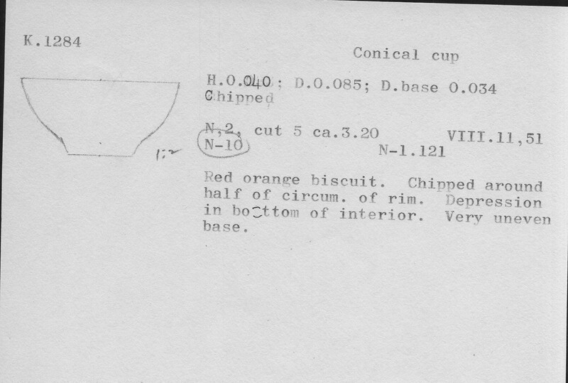 Index card with typed and handwritten information, sometimes including a sketch, of pottery from an excavation.