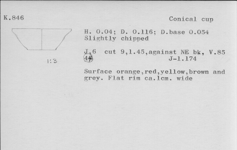 Index card with typed and handwritten information, sometimes including a sketch, of pottery from an excavation.