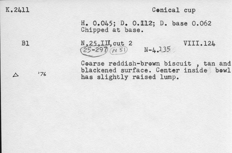 Index card with typed and handwritten information, sometimes including a sketch, of pottery from an excavation.
