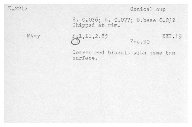 Index card with typed and handwritten information, sometimes including a sketch, of pottery from an excavation.