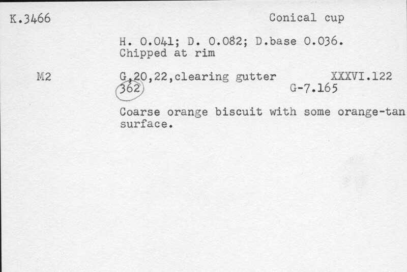 Index card with typed and handwritten information, sometimes including a sketch, of pottery from an excavation.