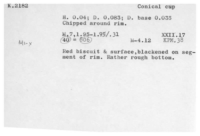 Index card with typed and handwritten information, sometimes including a sketch, of pottery from an excavation.