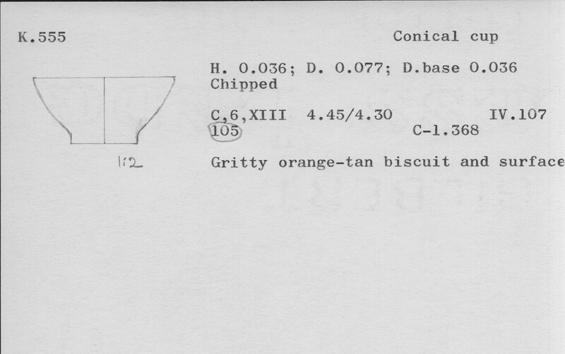 Index card with typed and handwritten information, sometimes including a sketch, of pottery from an excavation.