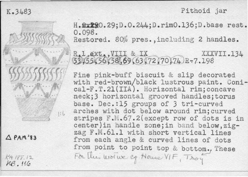 Index card with typed and handwritten information, sometimes including a sketch, of pottery from an excavation.
