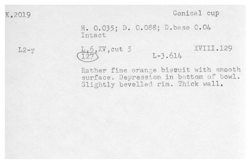 Index card with typed and handwritten information, sometimes including a sketch, of pottery from an excavation.