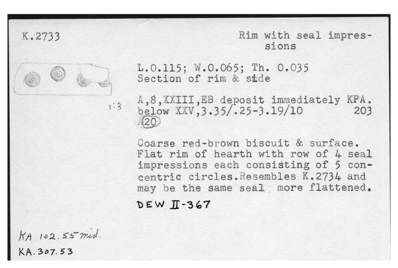 Index card with typed and handwritten information, sometimes including a sketch, of pottery from an excavation.
