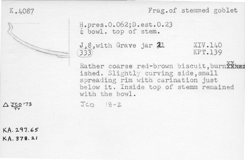 Index card with typed and handwritten information, sometimes including a sketch, of pottery from an excavation.