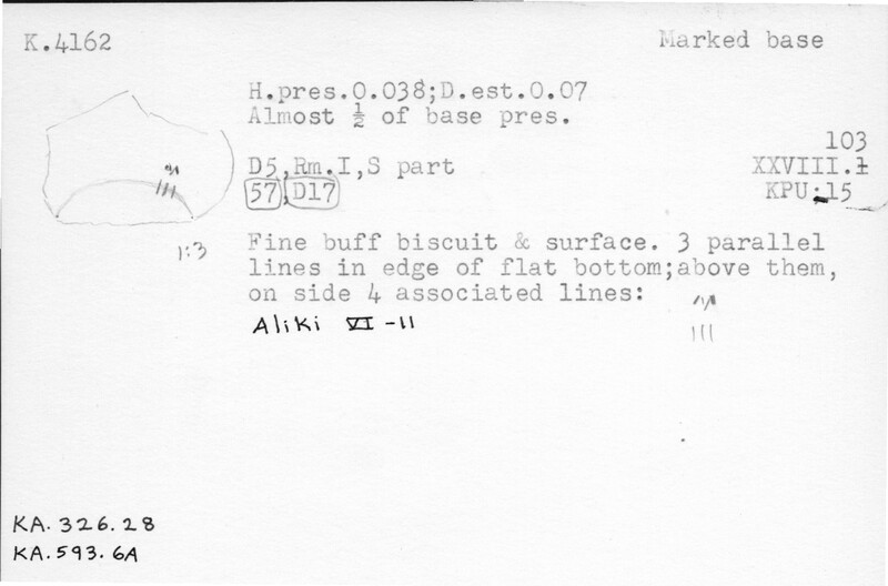 Index card with typed and handwritten information, sometimes including a sketch, of pottery from an excavation.