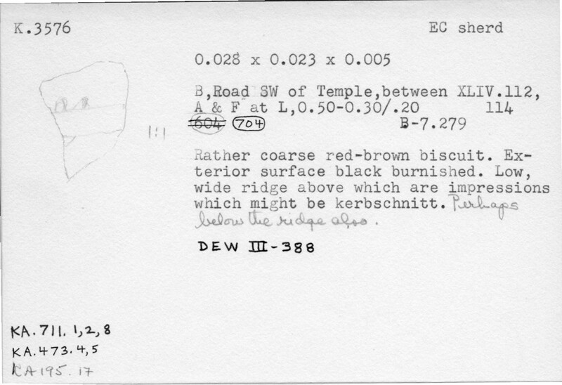 Index card with typed and handwritten information, sometimes including a sketch, of pottery from an excavation.