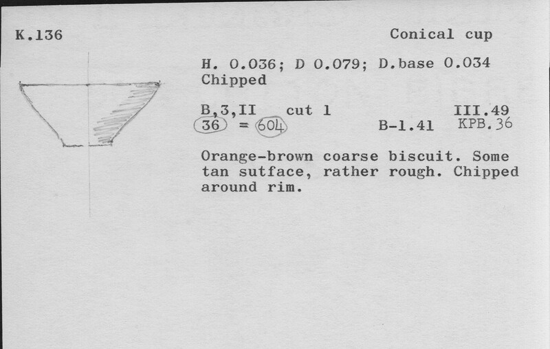 Index card with typed and handwritten information, sometimes including a sketch, of pottery from an excavation.
