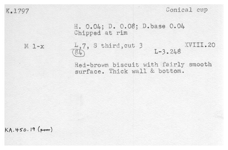 Index card with typed and handwritten information, sometimes including a sketch, of pottery from an excavation.