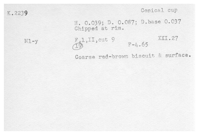 Index card with typed and handwritten information, sometimes including a sketch, of pottery from an excavation.