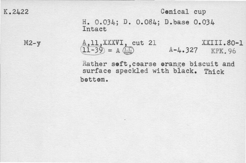 Index card with typed and handwritten information, sometimes including a sketch, of pottery from an excavation.