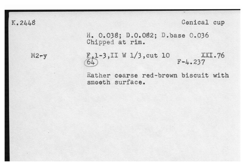 Index card with typed and handwritten information, sometimes including a sketch, of pottery from an excavation.