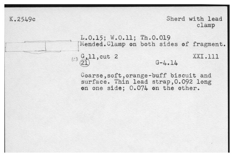 Index card with typed and handwritten information, sometimes including a sketch, of pottery from an excavation.