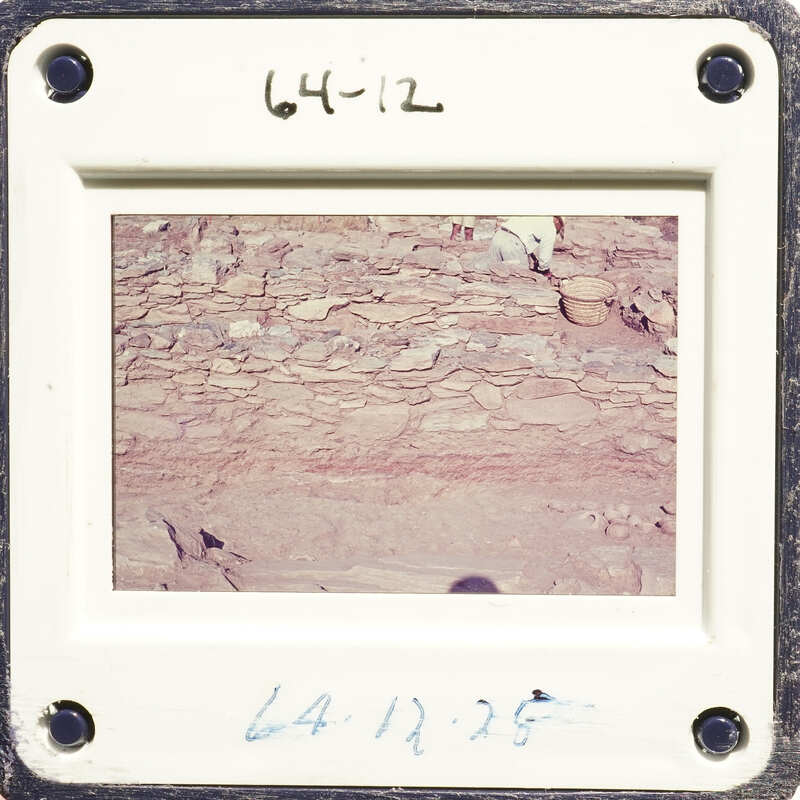 A photograph of an ancient rock wall with visible layers and textures.