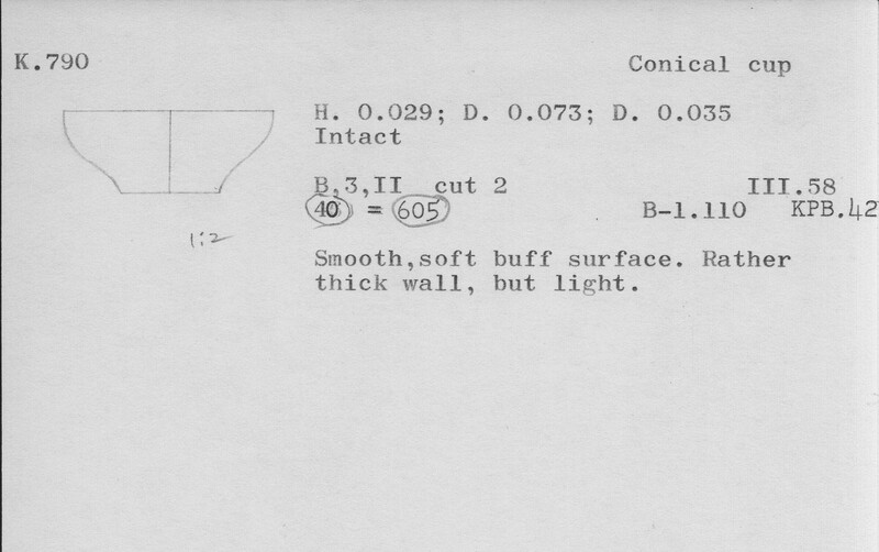 Index card with typed and handwritten information, sometimes including a sketch, of pottery from an excavation.
