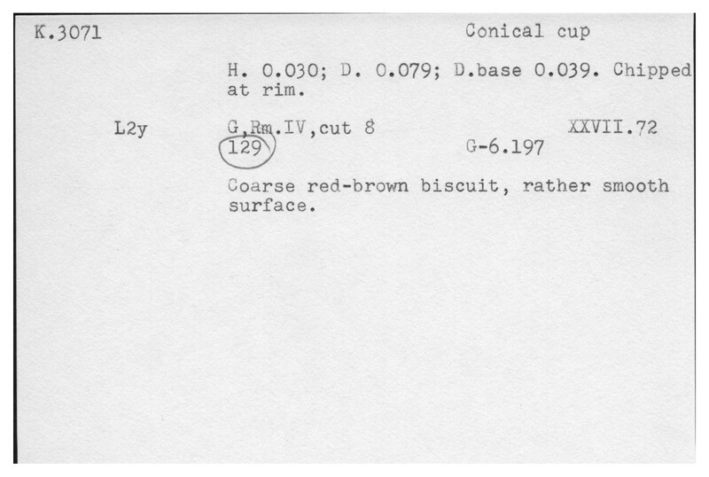 Index card with typed and handwritten information, sometimes including a sketch, of pottery from an excavation.
