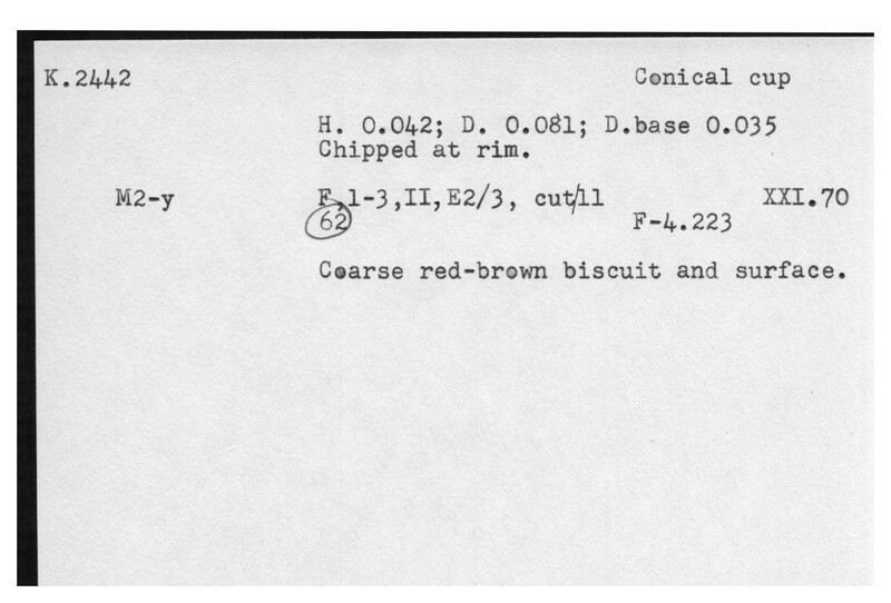 Index card with typed and handwritten information, sometimes including a sketch, of pottery from an excavation.
