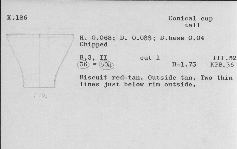 Index card with typed and handwritten information, sometimes including a sketch, of pottery from an excavation.