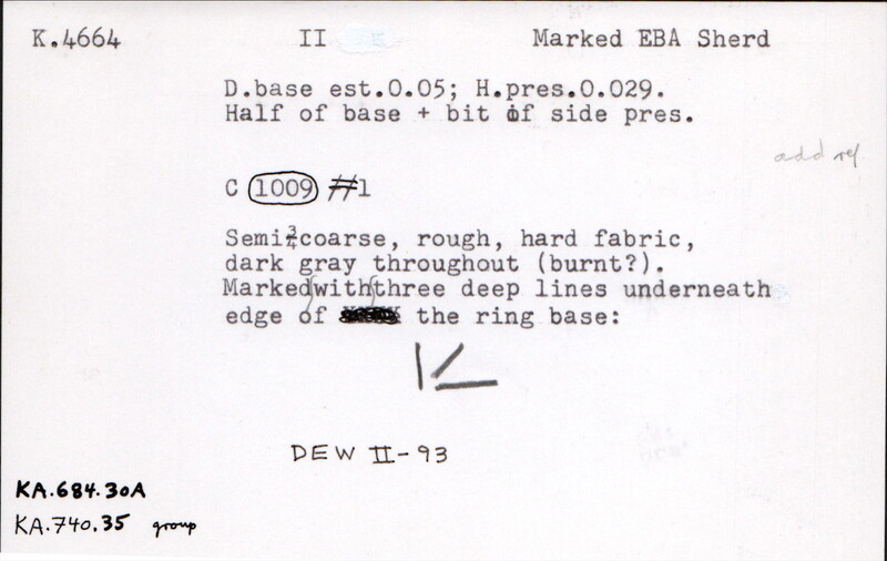 Index card with typed and handwritten information, sometimes including a sketch, of pottery from an excavation.
