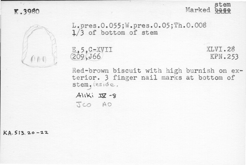 Index card with typed and handwritten information, sometimes including a sketch, of pottery from an excavation.