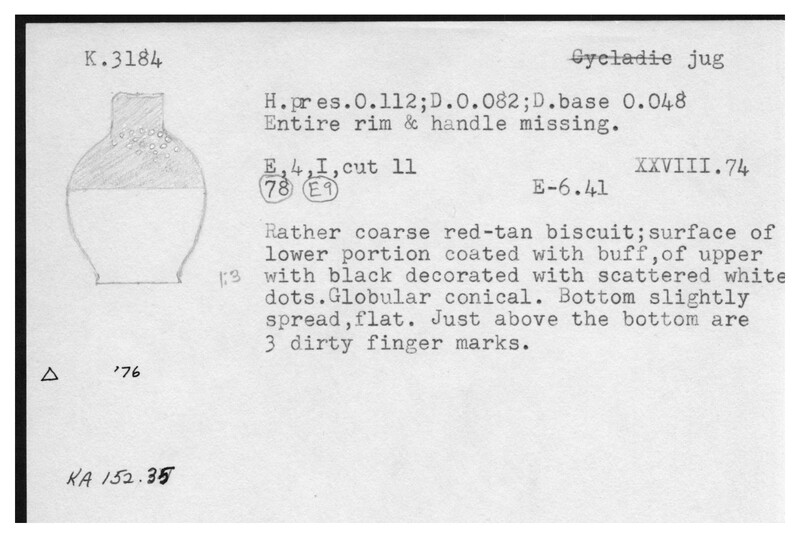 Index card with typed and handwritten information, sometimes including a sketch, of pottery from an excavation.