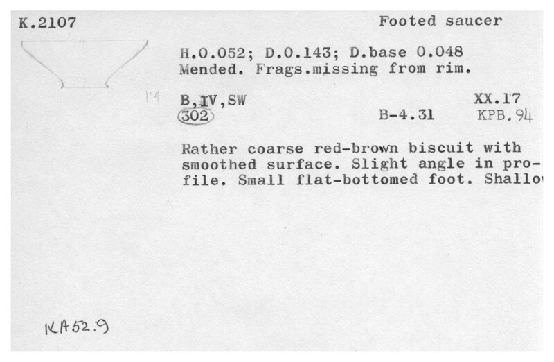 Index card with typed and handwritten information, sometimes including a sketch, of pottery from an excavation.