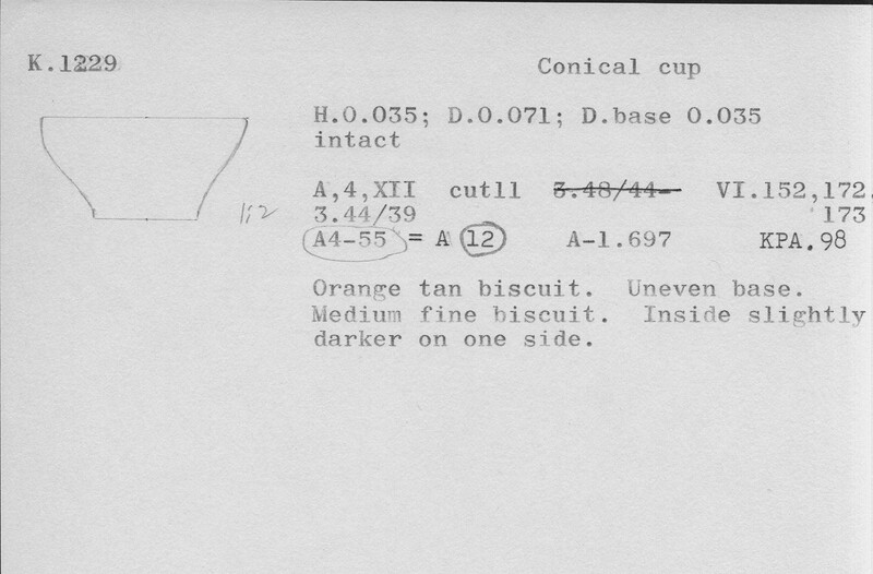 Index card with typed and handwritten information, sometimes including a sketch, of pottery from an excavation.