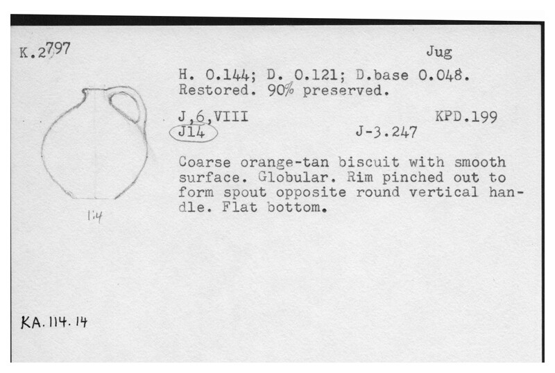Index card with typed and handwritten information, sometimes including a sketch, of pottery from an excavation.