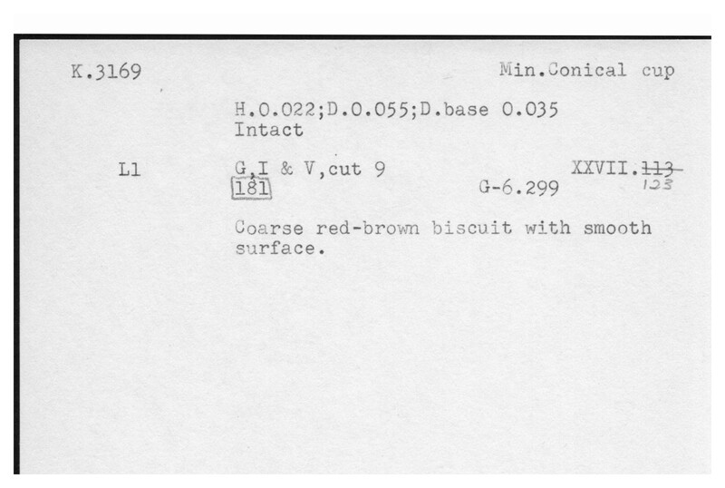 Index card with typed and handwritten information, sometimes including a sketch, of pottery from an excavation.