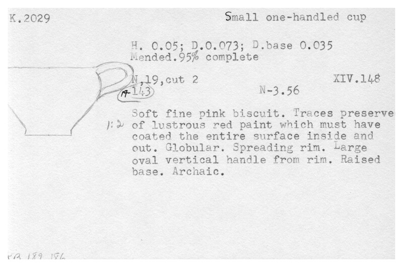 Index card with typed and handwritten information, sometimes including a sketch, of pottery from an excavation.