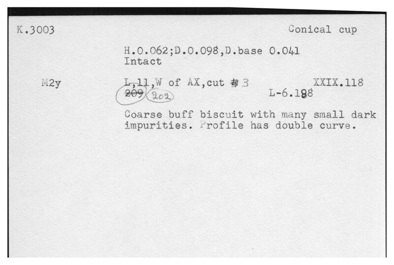 Index card with typed and handwritten information, sometimes including a sketch, of pottery from an excavation.