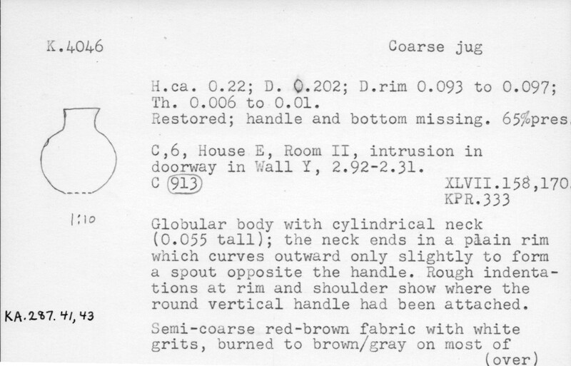 Index card with typed and handwritten information, sometimes including a sketch, of pottery from an excavation.