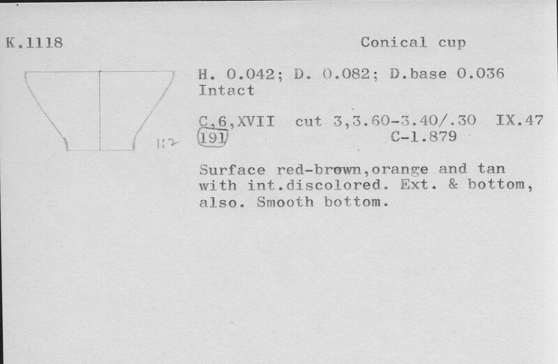 Index card with typed and handwritten information, sometimes including a sketch, of pottery from an excavation.