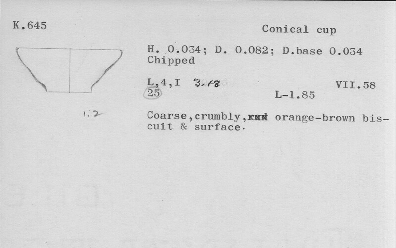 Index card with typed and handwritten information, sometimes including a sketch, of pottery from an excavation.
