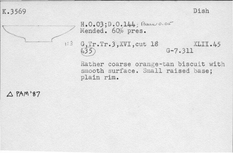 Index card with typed and handwritten information, sometimes including a sketch, of pottery from an excavation.
