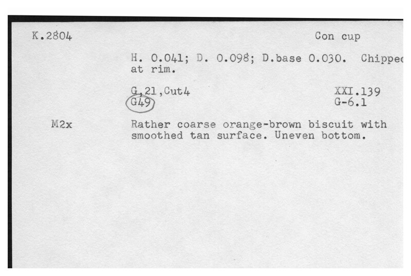 Index card with typed and handwritten information, sometimes including a sketch, of pottery from an excavation.