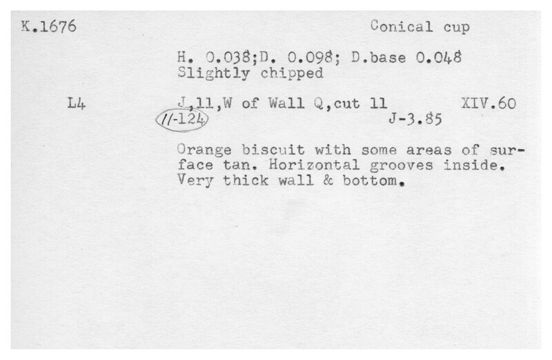 Index card with typed and handwritten information, sometimes including a sketch, of pottery from an excavation.
