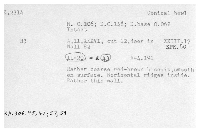 Index card with typed and handwritten information, sometimes including a sketch, of pottery from an excavation.