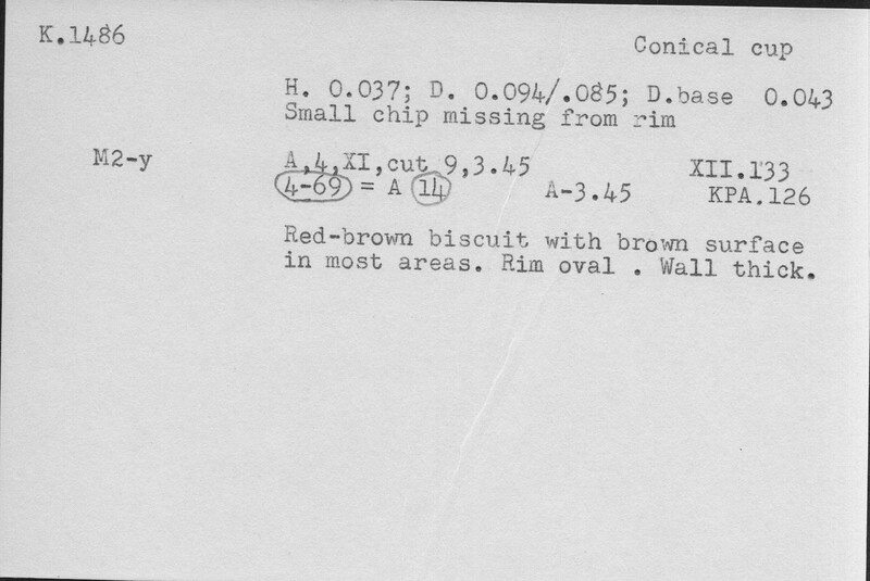 Index card with typed and handwritten information, sometimes including a sketch, of pottery from an excavation.