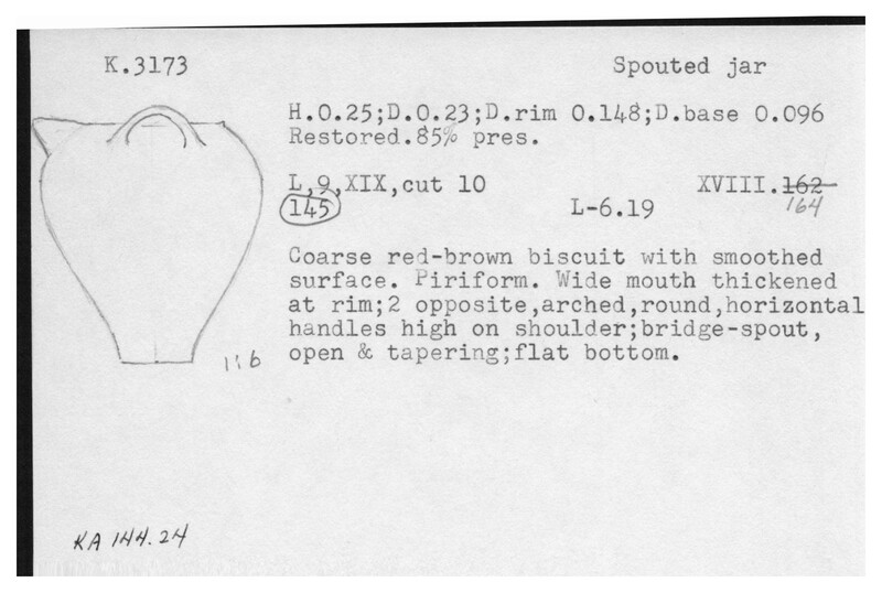 Index card with typed and handwritten information, sometimes including a sketch, of pottery from an excavation.