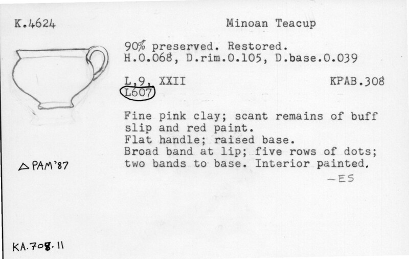 Index card with typed and handwritten information, sometimes including a sketch, of pottery from an excavation.