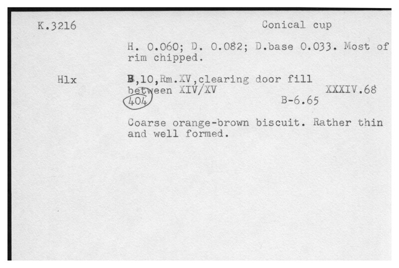 Index card with typed and handwritten information, sometimes including a sketch, of pottery from an excavation.
