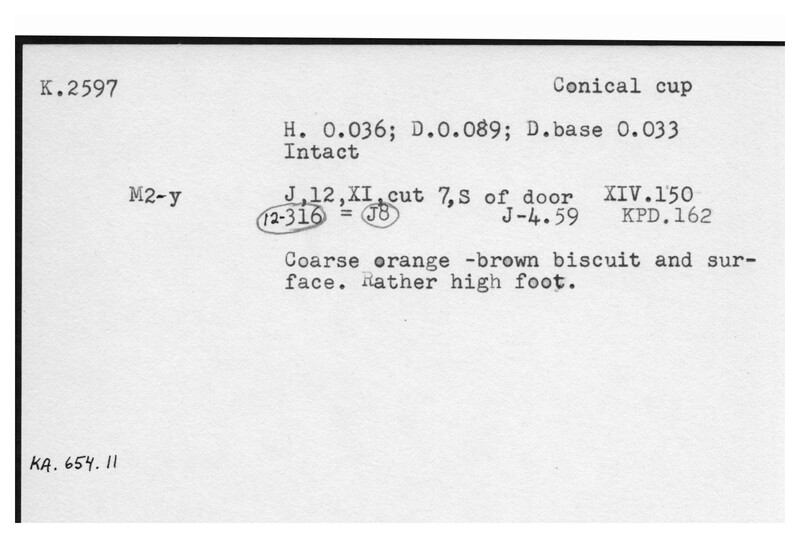 Index card with typed and handwritten information, sometimes including a sketch, of pottery from an excavation.
