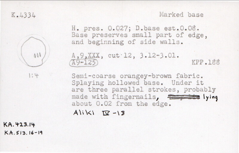Index card with typed and handwritten information, sometimes including a sketch, of pottery from an excavation.