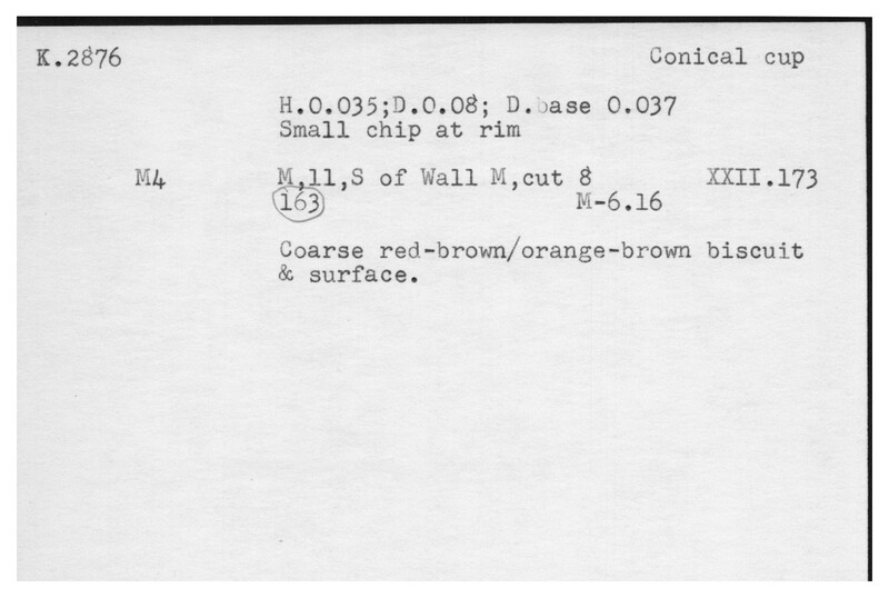 Index card with typed and handwritten information, sometimes including a sketch, of pottery from an excavation.