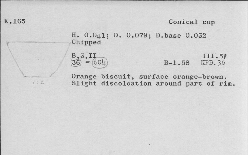 Index card with typed and handwritten information, sometimes including a sketch, of pottery from an excavation.