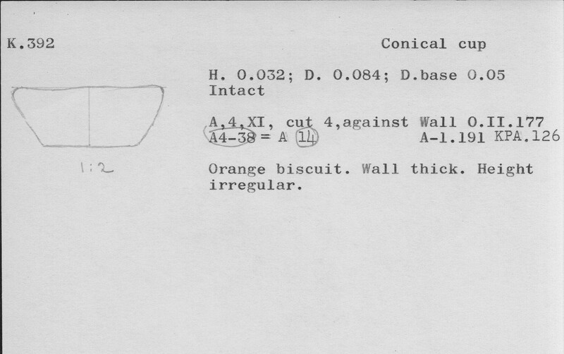 Index card with typed and handwritten information, sometimes including a sketch, of pottery from an excavation.