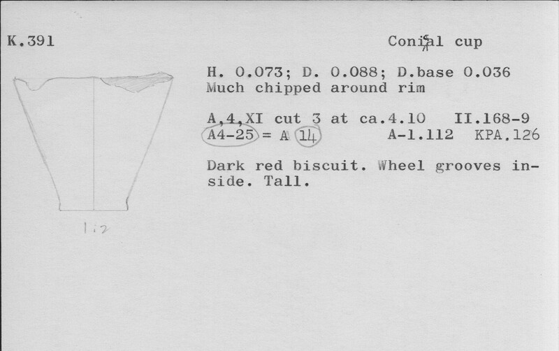 Index card with typed and handwritten information, sometimes including a sketch, of pottery from an excavation.